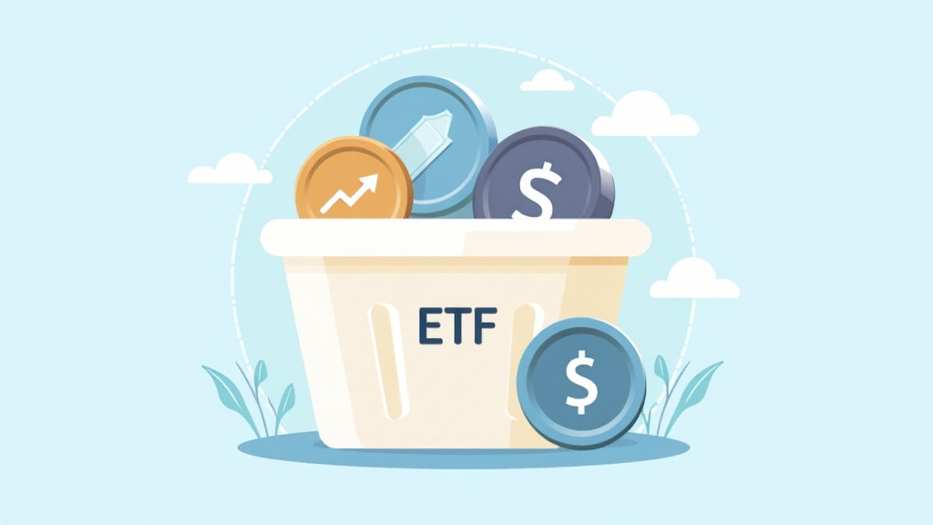 a simple infographic illustration showing an ETF basket with different investment icons like stocks, bonds, and commodities inside a stylized container